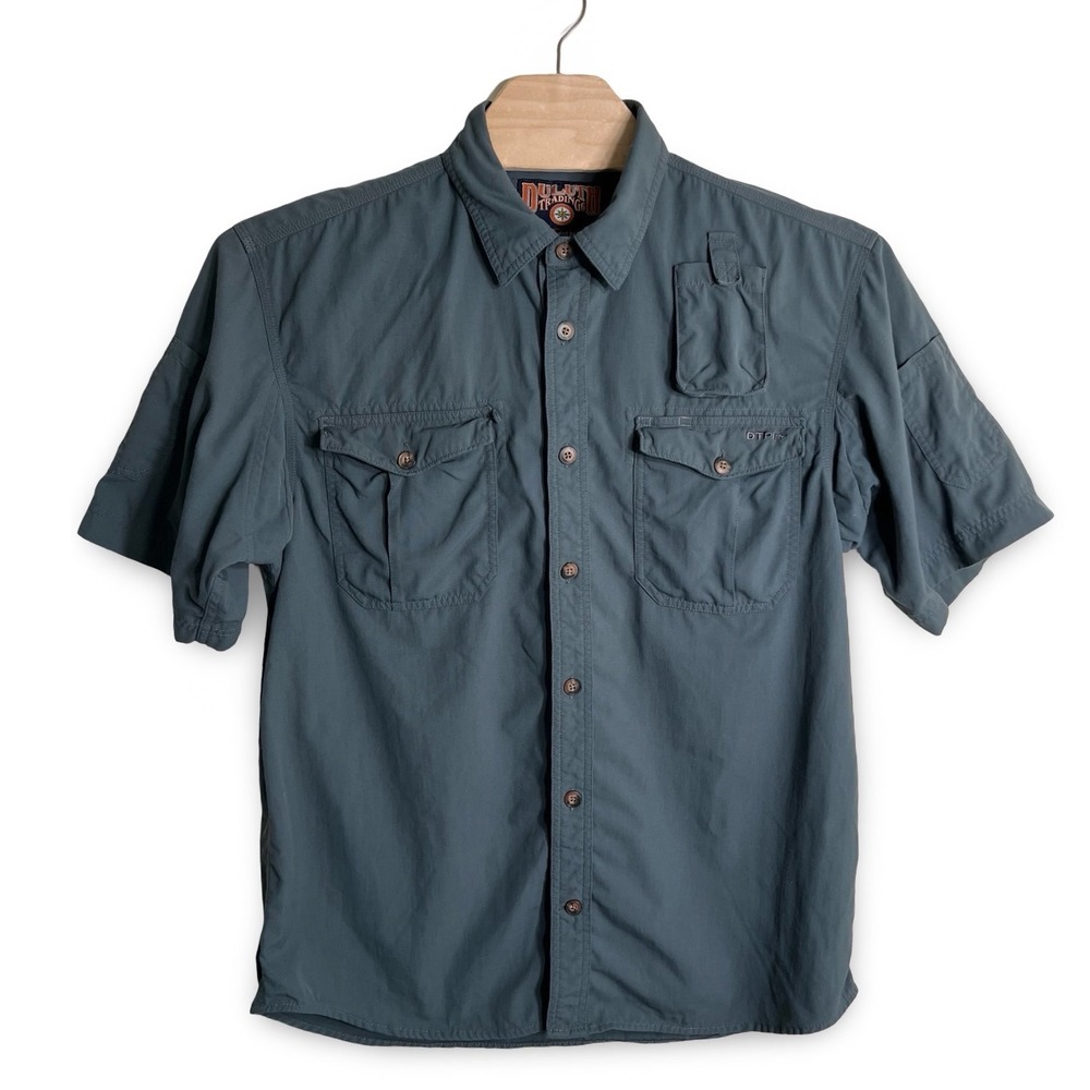 Duluth Trading Co DTP Mens Large Blue Gray Nylon Short Sleeve Utility Work Shirt